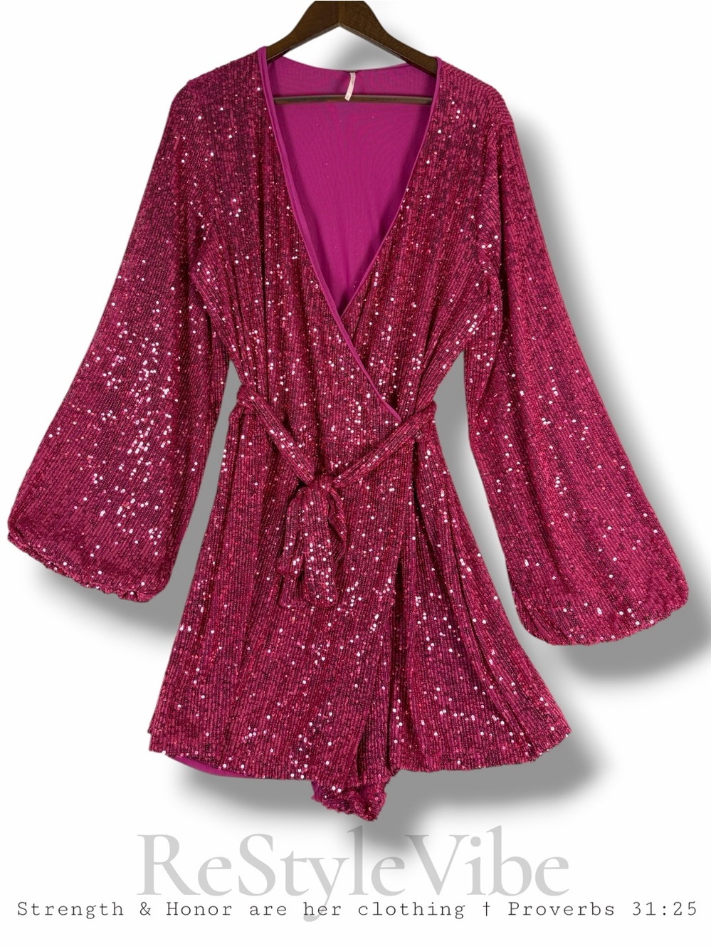 FREE PEOPLE Women’s Size L Dress Mini Length Wrap Style Long Sleeve Pink Sparkle